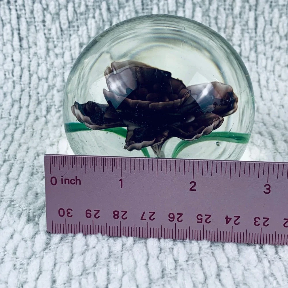 Vintage Glass Art Paperweight Encased Purple Iris Rose‎ Flower Floral Green Stem - Picture 8 of 8